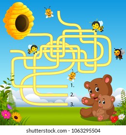 vector illustration of Help bear find path to beehive
