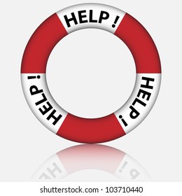 Vector illustration of help circle. Red and white six segments. Reflexion under object