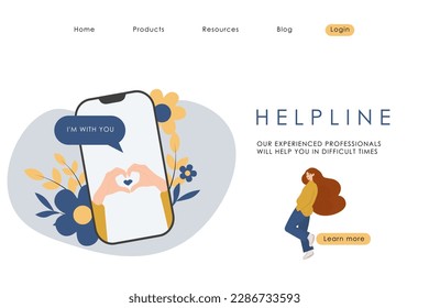 Vector illustration of help line web site design. Psychology, consultation, call center, mental health care, psychotherapy online. Landing page, web design. Isolated vector.