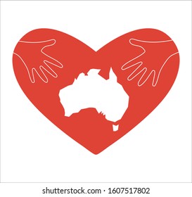 Vector Illustration: helping hands and Australia map silhouette. Support for volunteer, charity or relief work after fires and wildfires in Australia.
