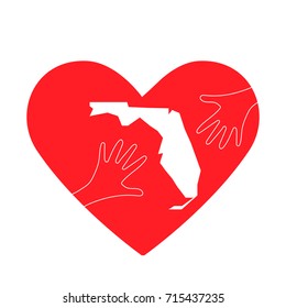 Vector Illustration: helping hands, heart and Florida map. Donate, love, charity or helping hand icon. Support for volunteering work and relief after Hurricane Michael, floods, landfalls in Florida