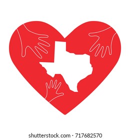 Vector Illustration: helping hands, heart and Texas map silhouette. Great as donate, love or relief hand icon. Support for volunteering work and relief after Hurricane, floods, landfalls in Texas.