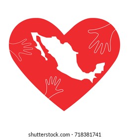 Vector Illustration: helping hands, heart and Mexico map silhouette. Great as donate, love or helping hand icon. Support for volunteering work and relief after Earthquake in Mexico city.