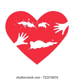 Vector Illustration: helping hands, heart, United States Virgin Islands, known as USVI map. Support for charity or relief work after Hurricane Maria, floods, landfalls in U.S. Virgin Islands.