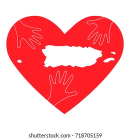 Vector Illustration: helping hands and Puerto Rico map. Great as donate, love, relief or helping hand icon. Support for charity or relief work after Hurricane Maria, floods, landfalls in Puerto Rico.