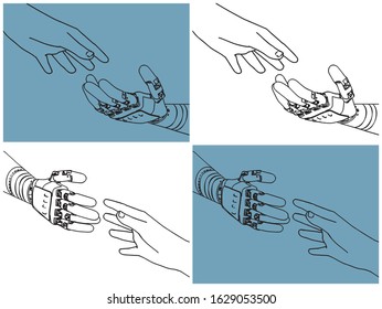 Vector illustration of helping hands of a robot and human close-up from different angles