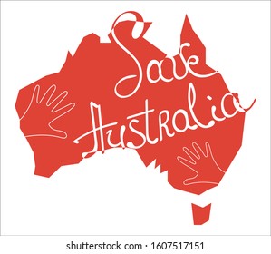 Vector Illustration: helping hands and text Save Australia. Support for volunteer, charity or relief work after fires and wildfires in Australia.

