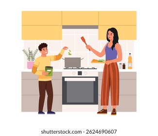 Vector illustration of helping mother in the kitchen.Cartoon scene of mother and son cooking:son adding spices to the pan,mother holding a spatula,board with chopped vegetables.Spending time together.