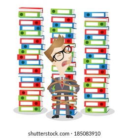 Vector illustration of a helpless cartoon businessman tied to a large stack of binders, paperwork.