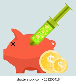 Vector illustration of a helpless piggy bank injected with a syringe containing dollar coins.