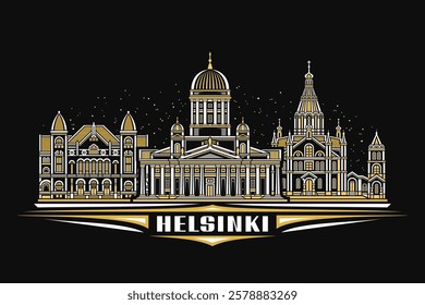 Vector illustration of Helsinki, dark horizontal card with linear design famous helsinki city scape on nighttime sky background, european urban line art concept with unique lettering for text helsinki