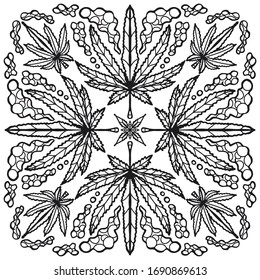 Vektorillustration der Hanfpflanze. Mandala marihuana Blätter. Doodle, Monochrom. Farbbuch, Antistress, Meditation. Tätowierung. Einzigartiges handgezeichnetes Muster.