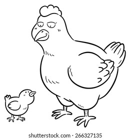 Vector illustration of Hen and chick - Coloring book