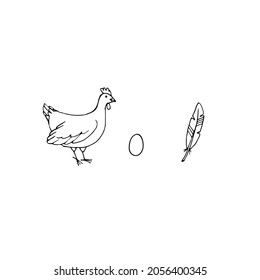Ilustración vectorial. Hen, plumas y huevo aislados sobre fondo blanco.