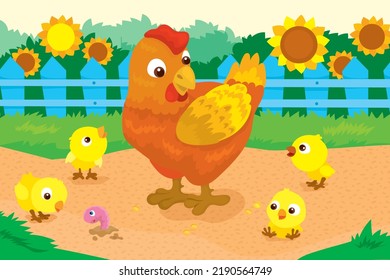 Vector illustration of hen mom with little chickens in farm yard with sunflowers