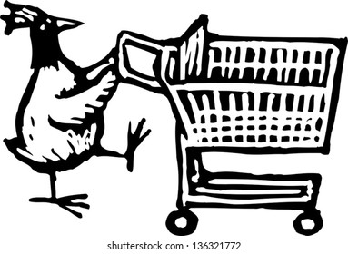 Vector illustration of a hen pulling a shopping cart