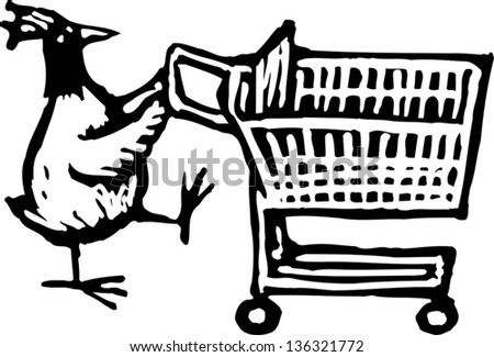 Vector illustration of a hen pulling a shopping cart