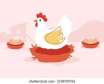 Vector illustration of a hen sitting in a nest hatching eggs. 