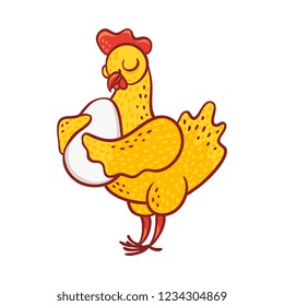 Vector illustration of hen standing and hugging egg with love in sketch style - hand drawn chicken embracing egg with wings isolated on white background. Cute domestic farm feathered bird.