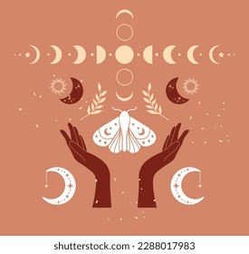 Ilustración vectorial de las manos mudra mística henna, la luna y las estrellas. Piel azteca, arte tribal, colección étnica, diseño aislado de fondo beige.