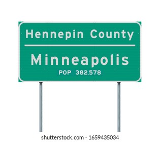 Vector illustration of the Hennepin County and Minneapolis City green road sign on metallic post