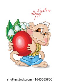 vector illustration Heppy Easter monkey holds flowers lilies of the valley and red egg