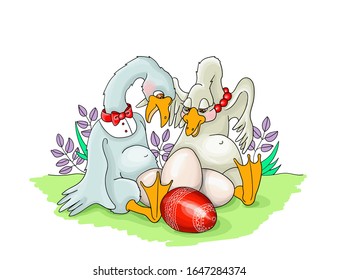 vector illustration Heppy Easter two geese are surprised by their eggs