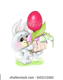 vector illustration Heppy Easter.Cute bunny holds flowers lilies of the valley and red egg