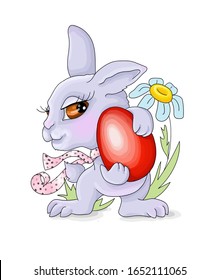 vector illustration Heppy Easter.Cute bunny holds flowers lilies of the valley and red egg