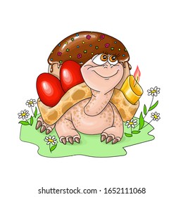 vector illustration Heppy Easter,easter turtle carries red eggs and a candle