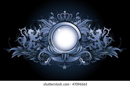 Vector illustration of heraldic frame or badge with two lions, crown, banner and floral elements