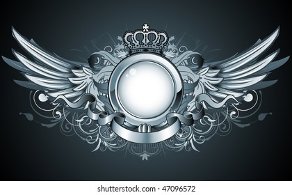 Vector illustration of heraldic frame or badge with crown, wings, banner and floral elements