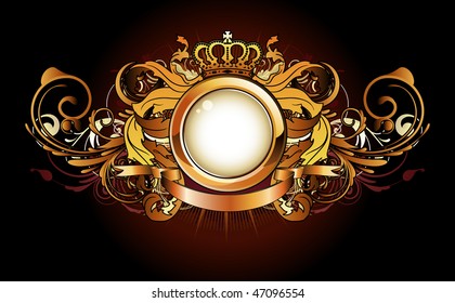 Vector illustration of heraldic golden frame or badge with crown, banner and floral elements