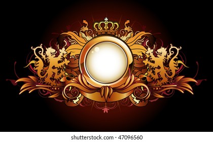 Vector illustration of heraldic golden frame or badge with two lions, crown, banner and floral elements