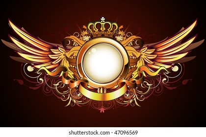 Vector illustration of heraldic golden frame or badge with crown, wings, banner and floral elements