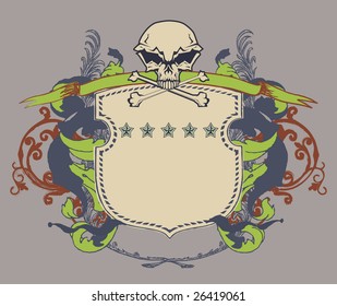 Vector illustration of heraldic shield or badge with stylized human skull and snakes, blank so you can add your own images