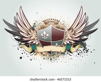 Vector illustration of heraldic shield or badge with crown, banner, grunge and floral elements