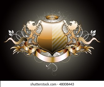 Vector illustration of heraldic shield or badge with two lions, crown, banner and floral elements