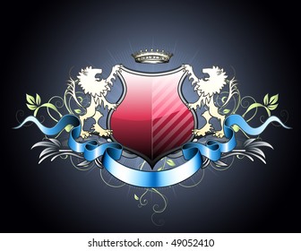 Vector illustration of heraldic shield or badge with two lions, crown, banner and floral elements