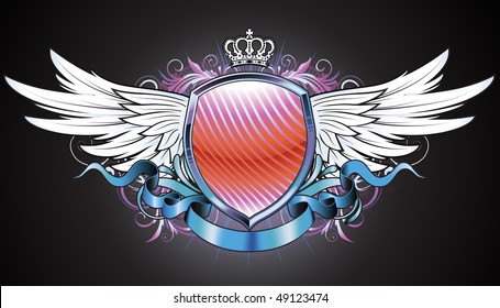 Vector illustration of heraldic shield or badge with two wings, crown, banner and floral elements