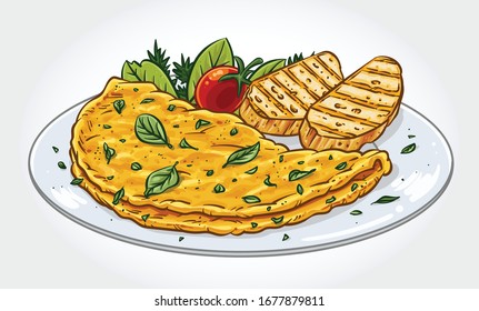 Vector illustration of a herb omelette with oregano, chives, tomato and grilled bread slices on a plate.