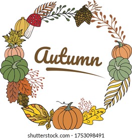 Vector Illustration Herbal Botanic Autumn Hand Drawn Cartoon Doodle Style Wreath With Pumpkins Isolated Elements White Background 