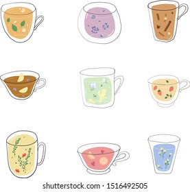 Vector illustration of herbal, fruit and flower teas set. Set of different tea in glass cups isolated on white background.  