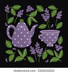Vector illustration of herbal (lavender) tea. A cup and teapot surrounded by tea leaves and lavender flowers.