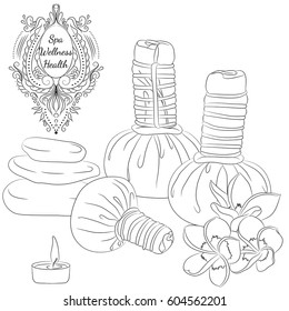 Vector illustration with herbal pouches for spa massage and stones. Line art isolated on white background. Design for a spa, massage and beauty salon, organic health care products