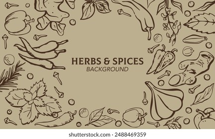 Vector illustration of herbal and spice background icons.