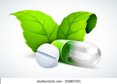 vector illustration of herbal tablet and capsule with green leaf