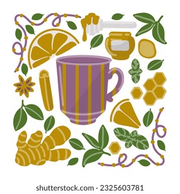 Vector illustration of herbal tea. A cup and  a teapot surrounded by tea leaves, citrus slices, honey, star anise, cinnamon, ginger, green leaves.