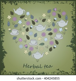 Vector illustration of herbal tea ingredients, cup and teapot.
