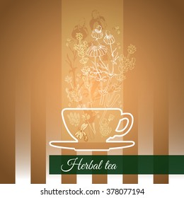 Vector illustration herbal tea theme with silhouette cup, flowers and leaves on a striped background.